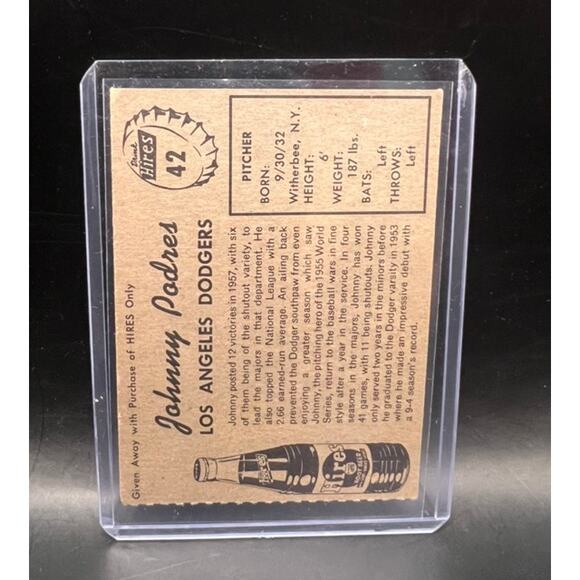 1955 Hires Root Beer Johnny Podres Los Angeles Dodgers Brooklyn Baseball Card - Picture 2 of 3